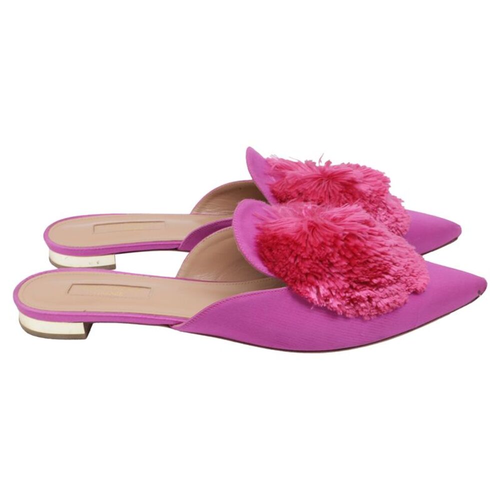 Aquazzura Powder Puff Pompom-Embellished Mules in Pink Satin